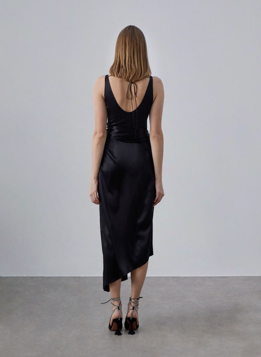 Women Styched Fashion | Black Belted Asymmetrical Silky Midi Dress