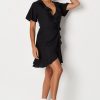 Women Styched Fashion | Black Ruffle Wrap Over Tea Dress