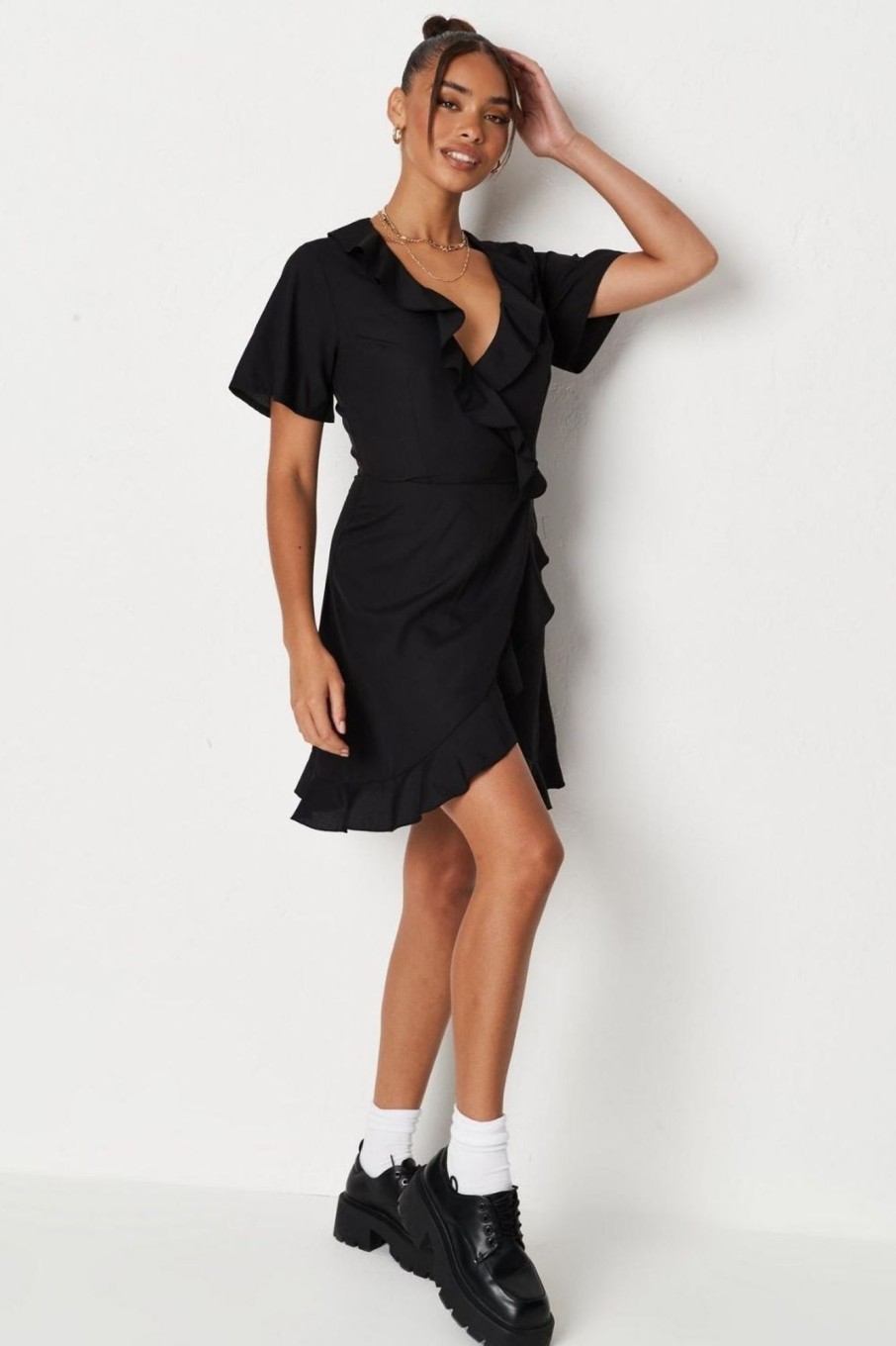 Women Styched Fashion | Black Ruffle Wrap Over Tea Dress