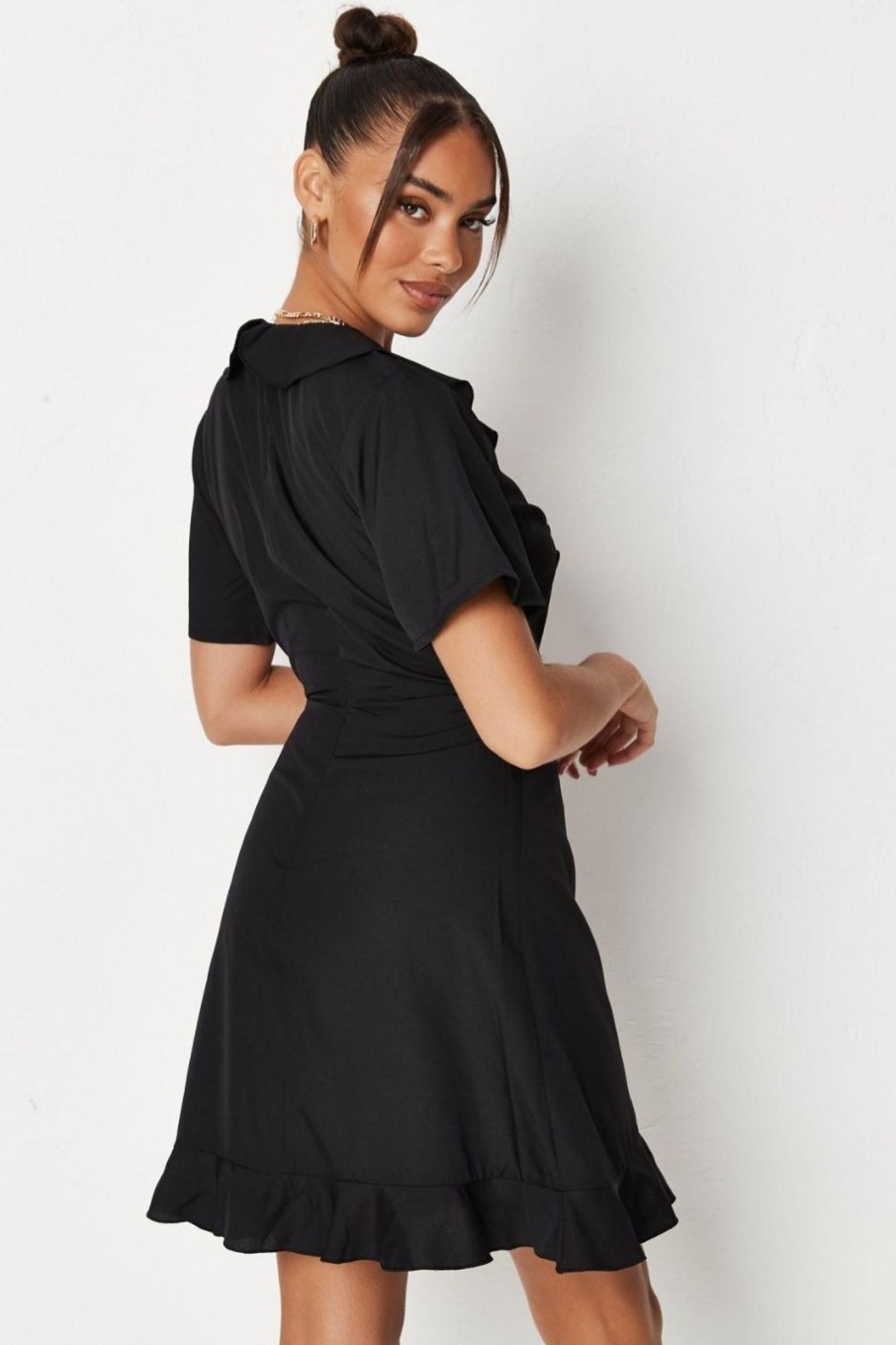 Women Styched Fashion | Black Ruffle Wrap Over Tea Dress