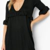 Women Styched Fashion | Ruffle Deep U-Neck Relaxed Dress