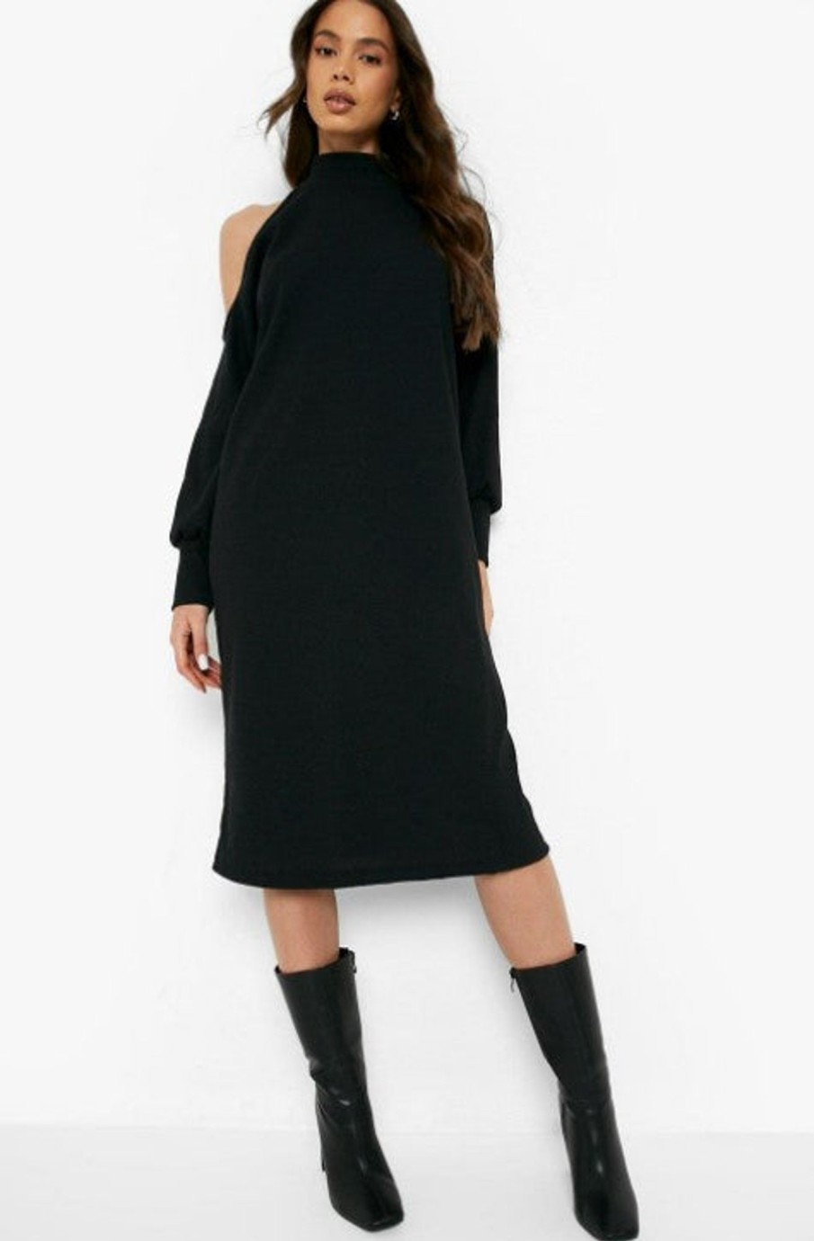 Women Styched Fashion | Black Long Sleeve Roll Neck Midi Dress