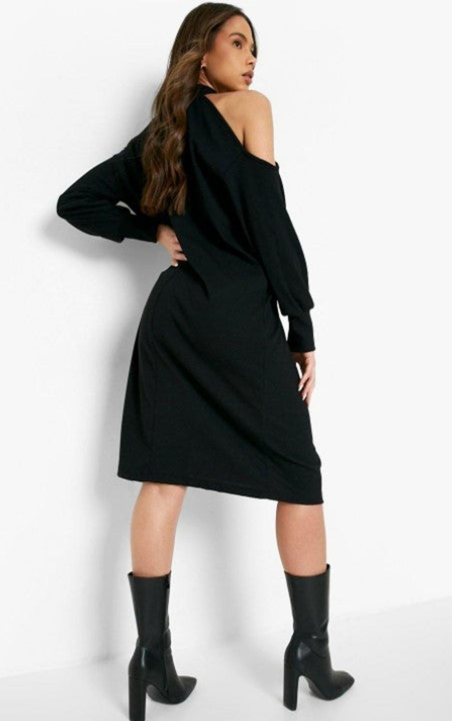 Women Styched Fashion | Black Long Sleeve Roll Neck Midi Dress