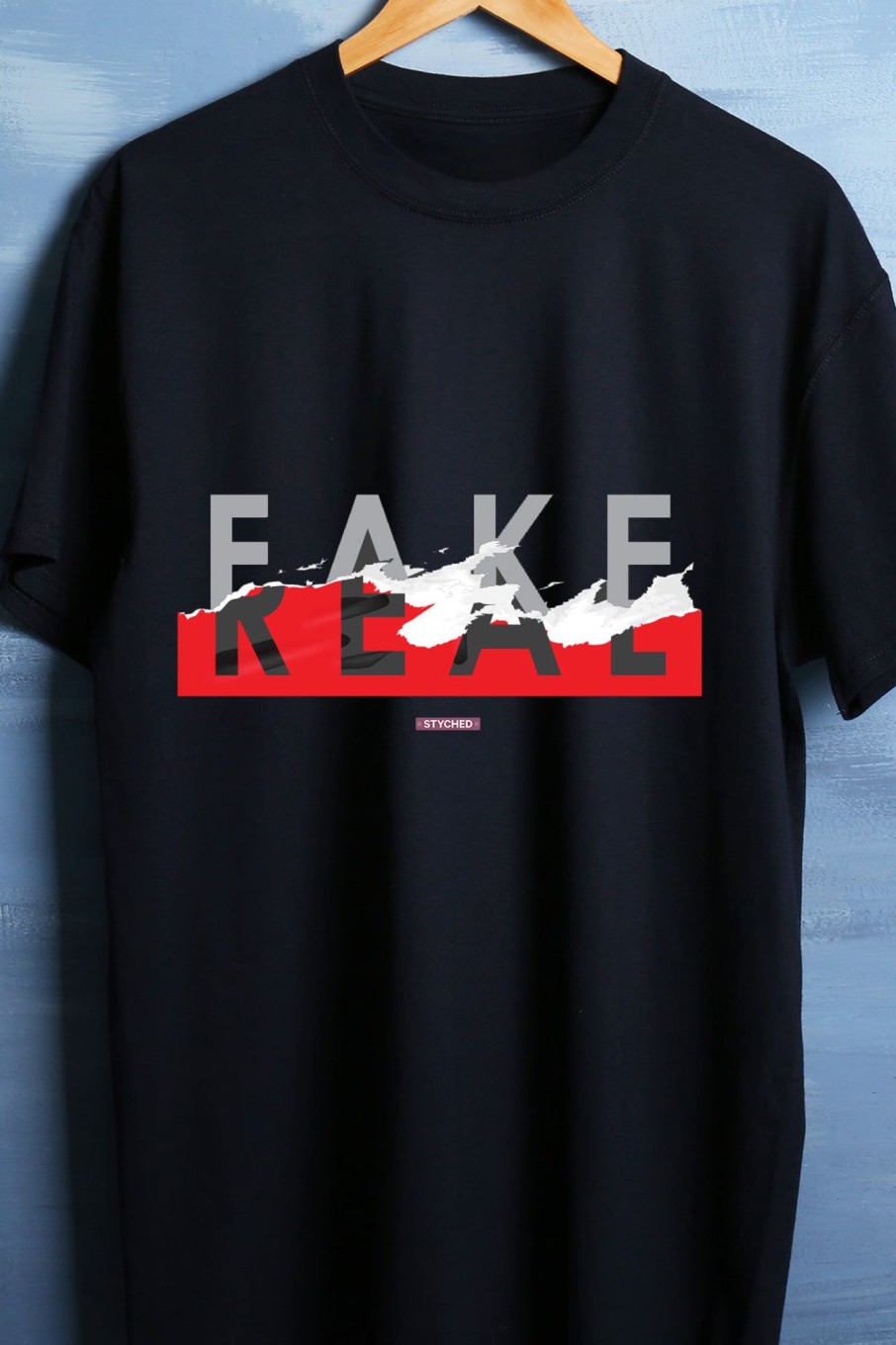 Men Styched Fashion | Fake Or Real - Torn Effect Graphic Tee Black Color Round Neck