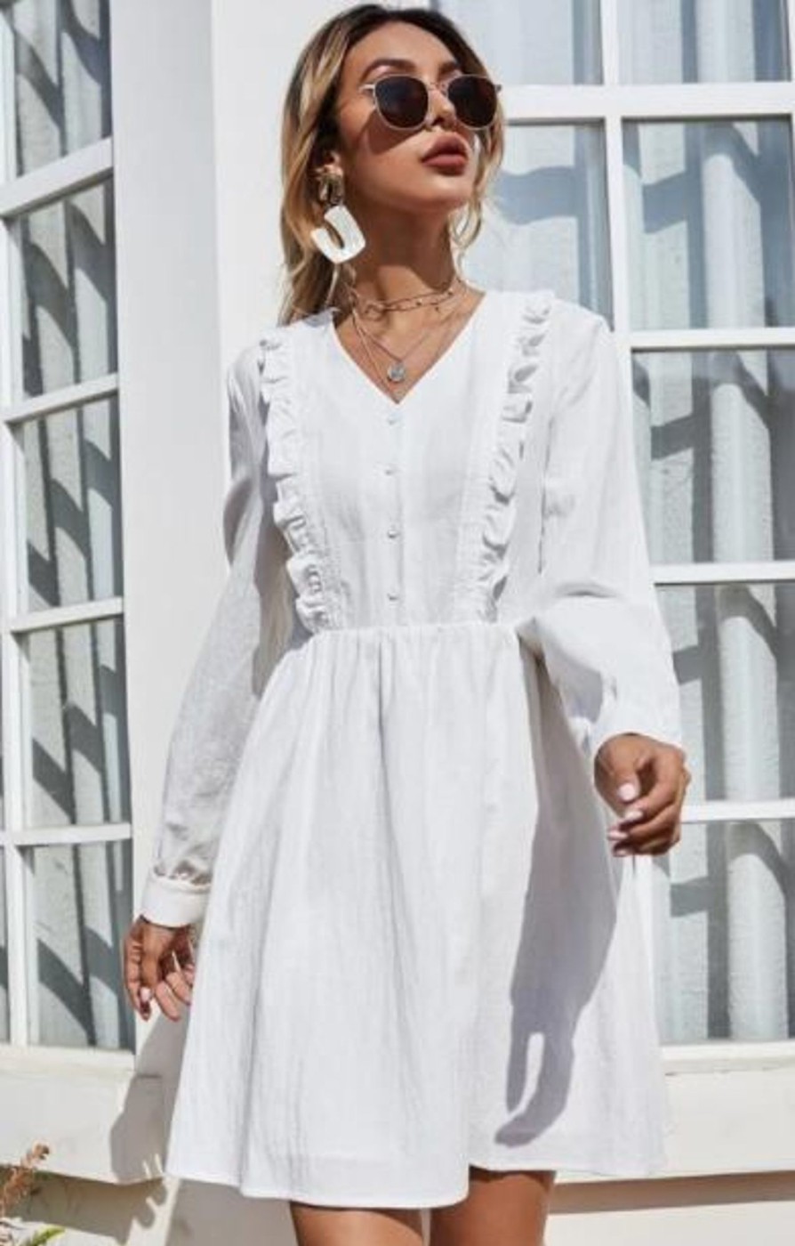 Women Styched Fashion | V-Neck Ruffle Trim Dress