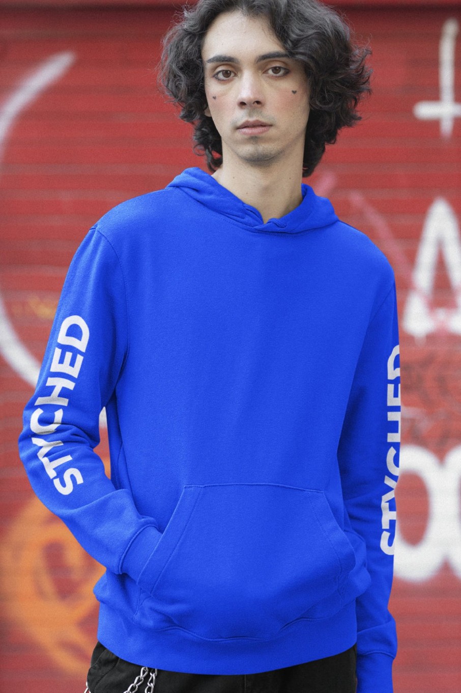 Men Styched Fashion | Styched Sleeve Print Premium Non Zipper Blue Hoodie