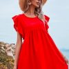 Women Styched Fashion | Red Solid Ruffle Cuff Smock Dress