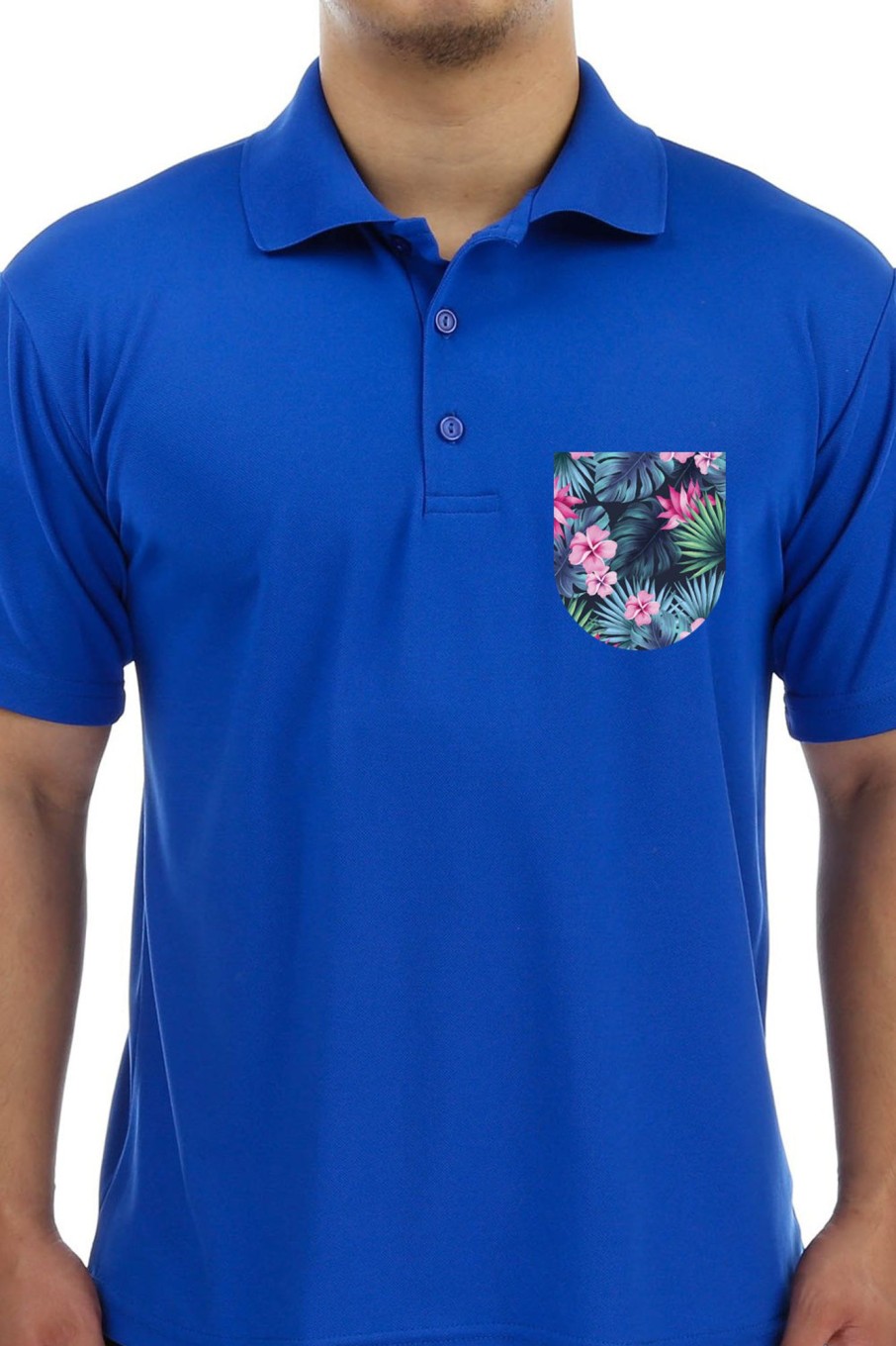 Men Styched Fashion | Blue Premium Polo T-Shirt With Tropical Savannah Graphics On Pocket Printed