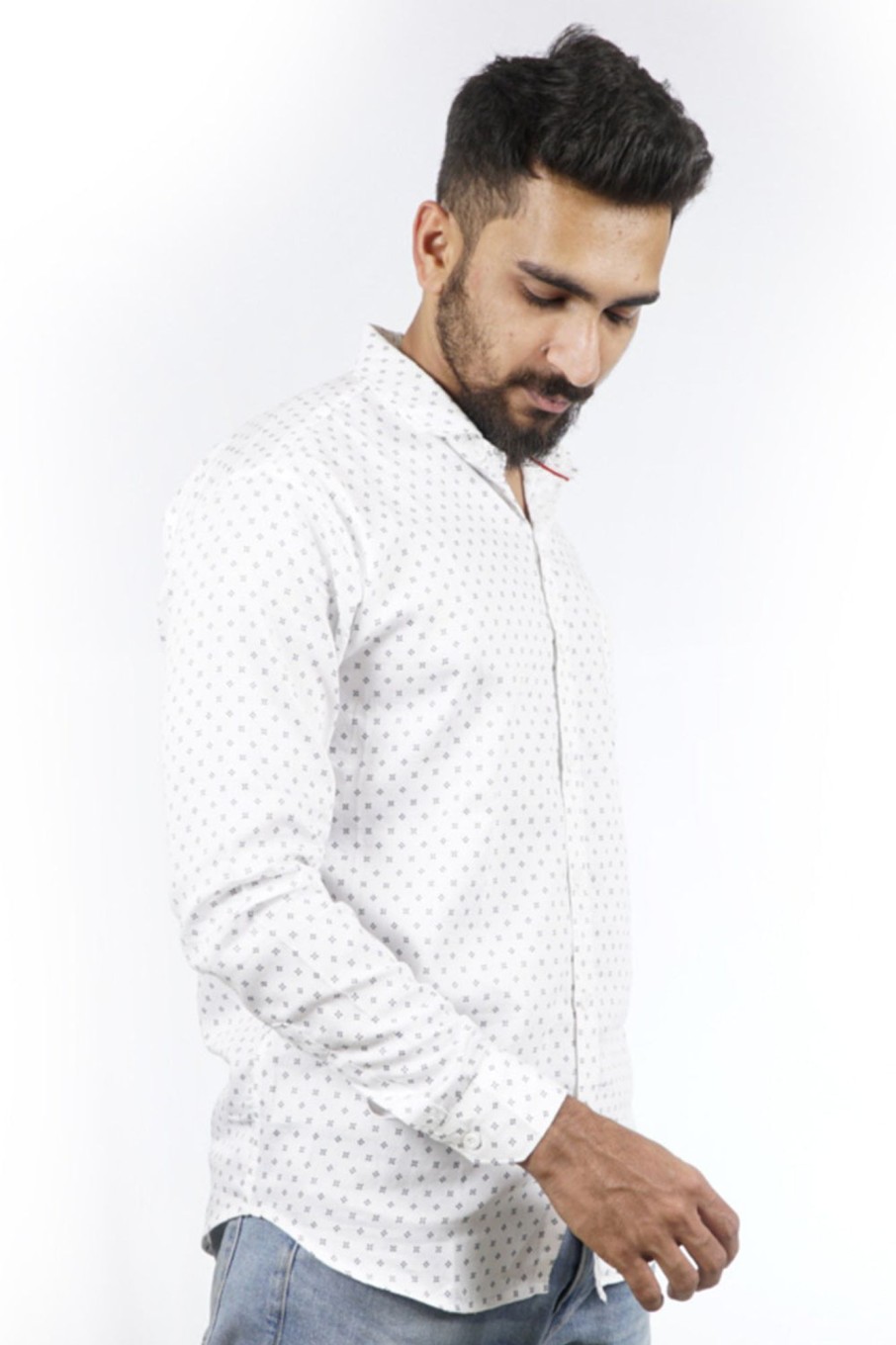 Men Styched Fashion | Ditsy Print White Slim Fit Shirt