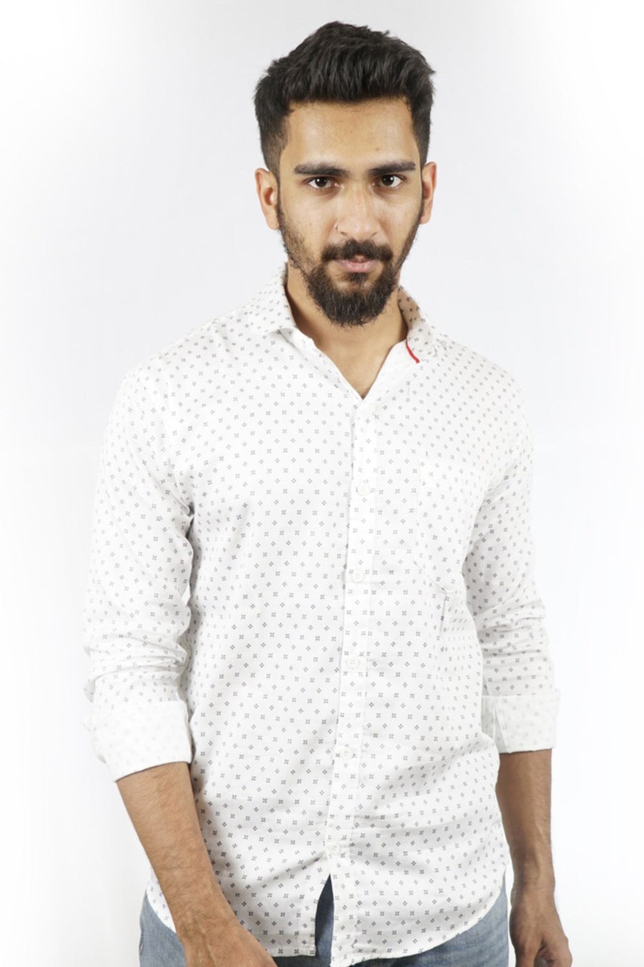 Men Styched Fashion | Ditsy Print White Slim Fit Shirt