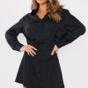 Women Styched Fashion | Black Satin Button Detail Shirt Dress