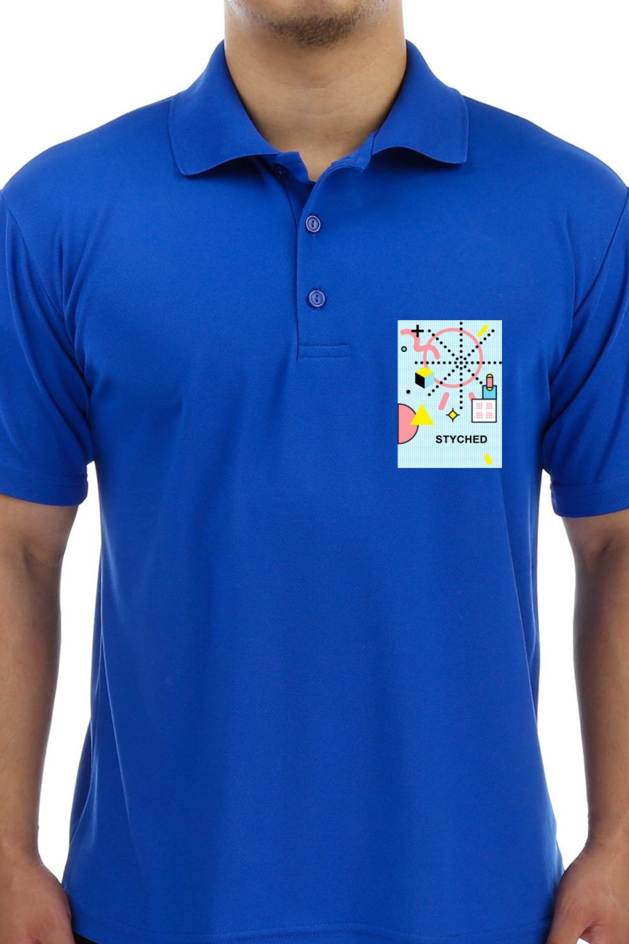 Men Styched Fashion | Royal Blue Premium Polo T-Shirt With Memphis Geometric Style Pocket Print