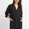 Women Styched Fashion | Tall Black Pocket V Neck Shift Dress