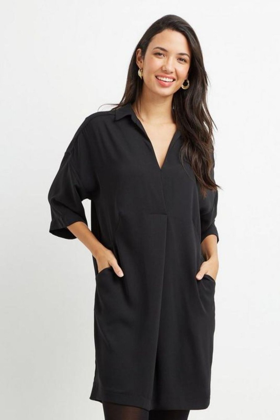 Women Styched Fashion | Tall Black Pocket V Neck Shift Dress