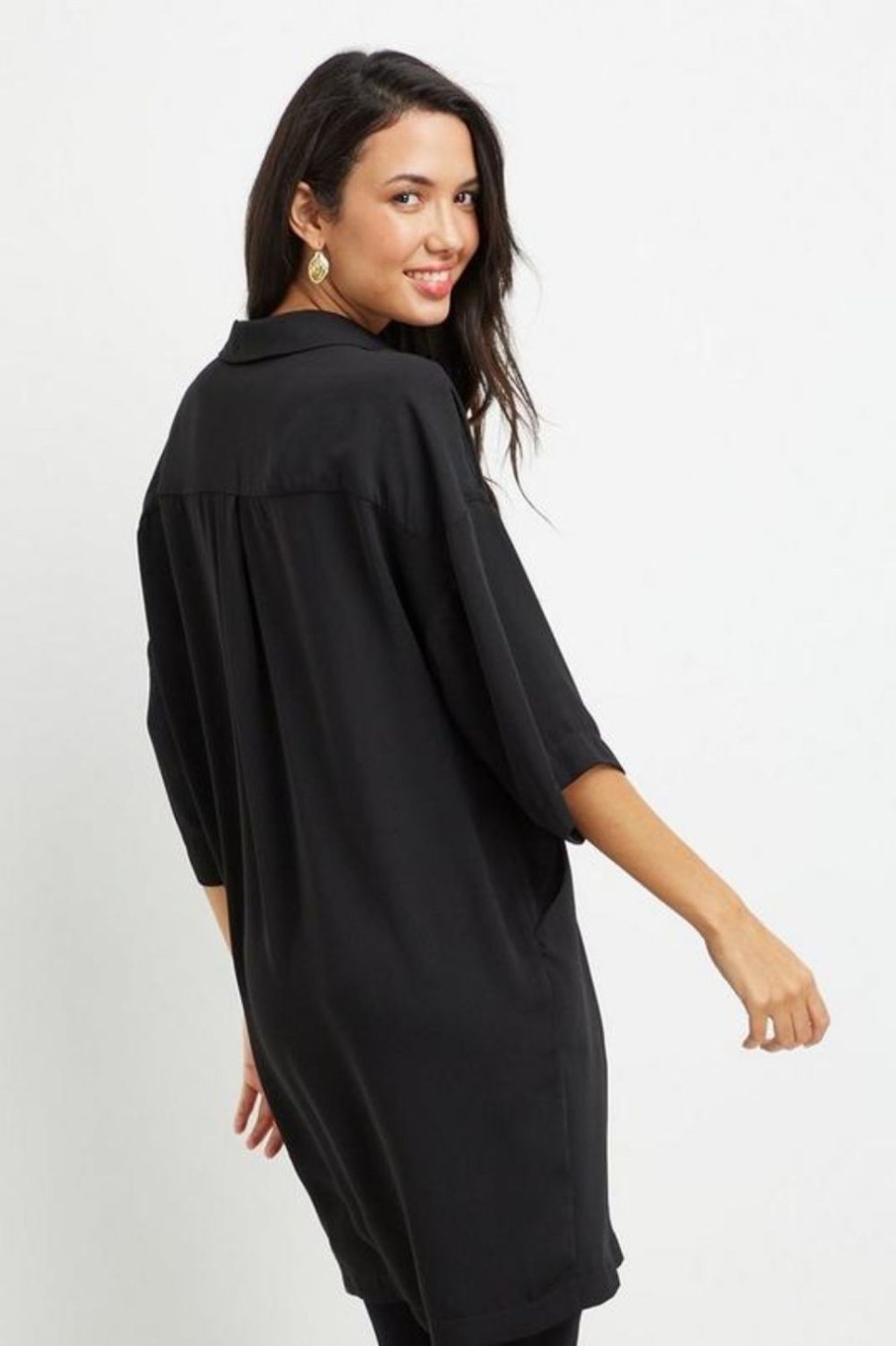 Women Styched Fashion | Tall Black Pocket V Neck Shift Dress