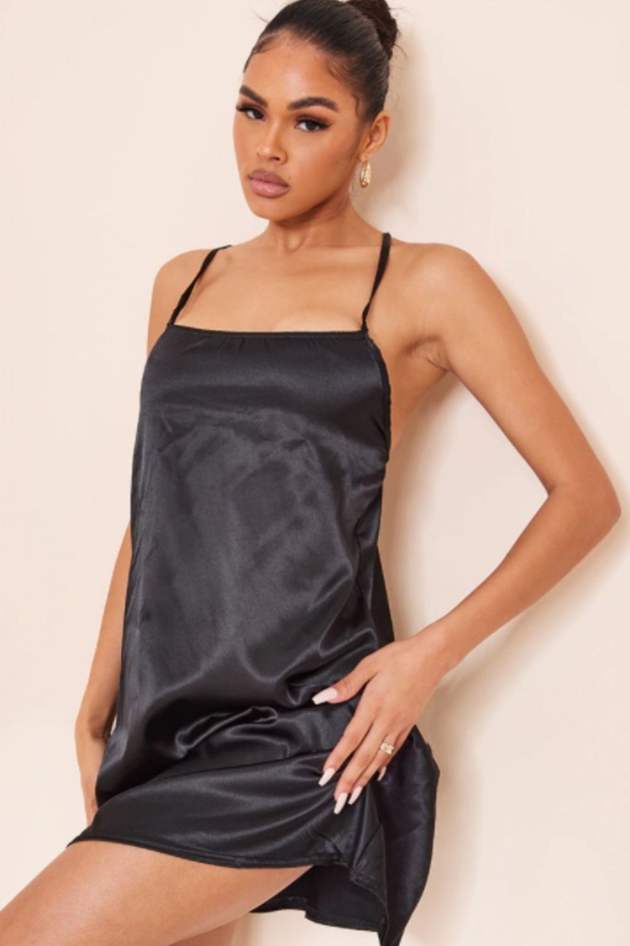 Women Styched Fashion | Black Satin Mini Sleeveless Dress