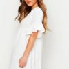 Women Styched Fashion | Round Neck Ruffled Hem Sleeve White Dress