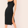 Women Styched Fashion | One Shoulder Midi Dress Black