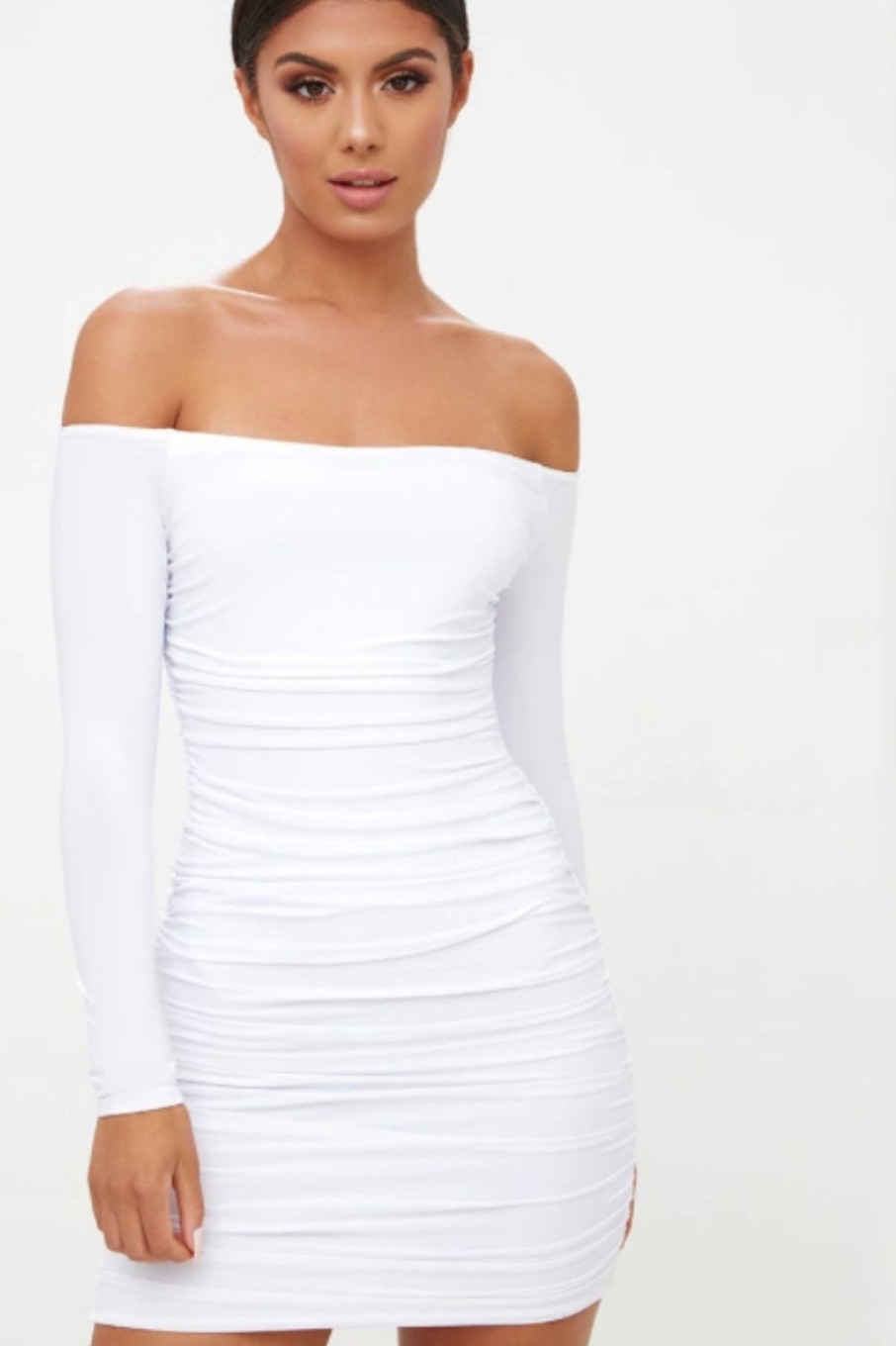 Women Styched Fashion | White Off Shoulder Full Sleeves Mini Dress