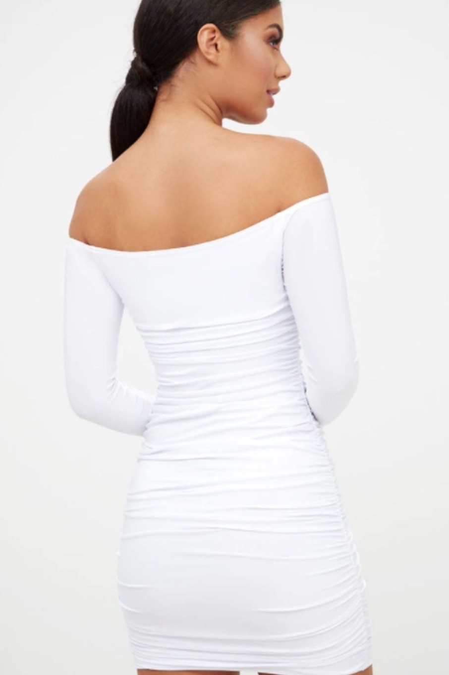 Women Styched Fashion | White Off Shoulder Full Sleeves Mini Dress