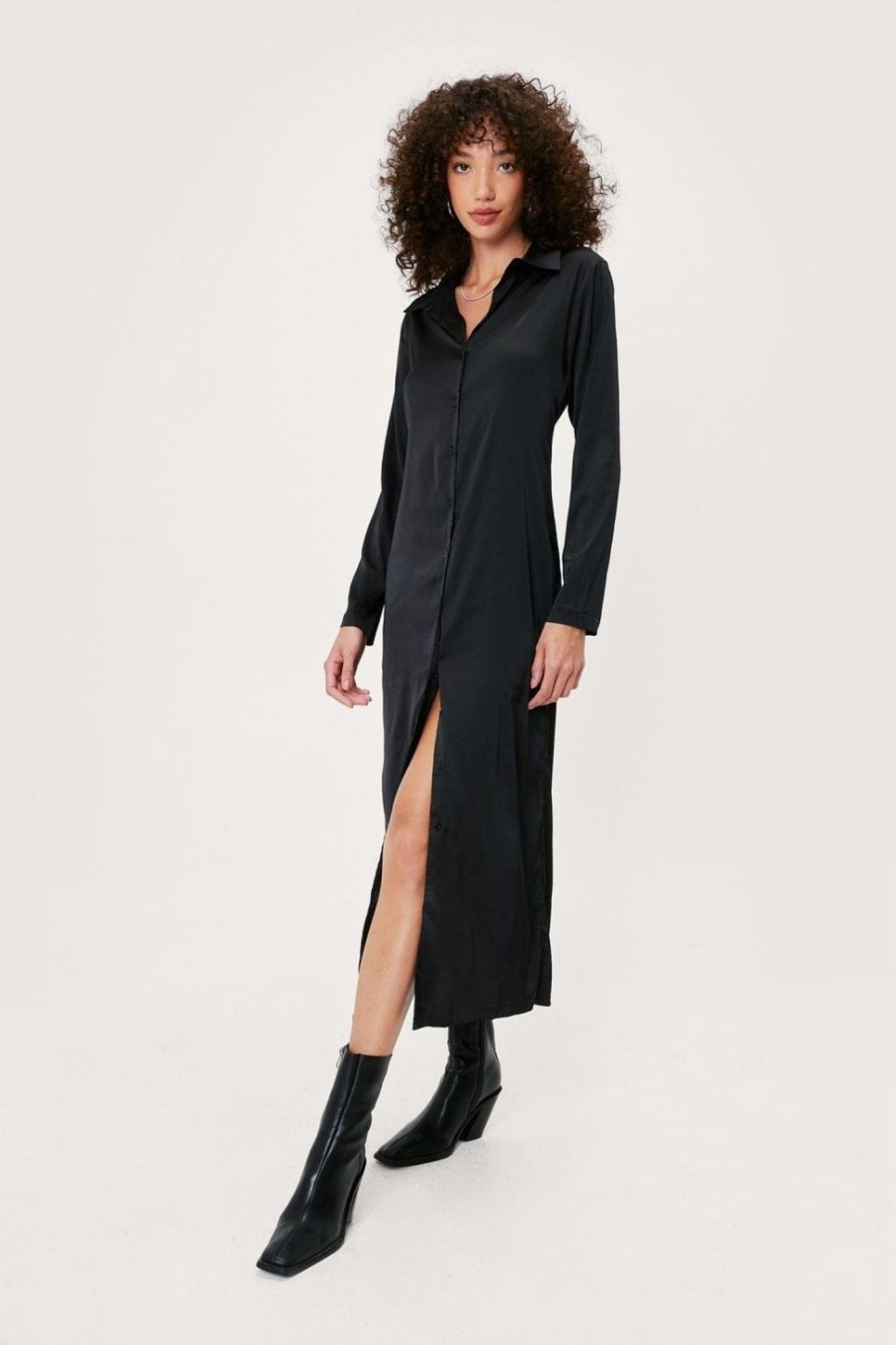 Women Styched Fashion | Satin Button Down Midi Shirt Dress