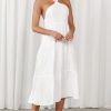 Women Styched Fashion | White Halter Neckline Cross Back Dress