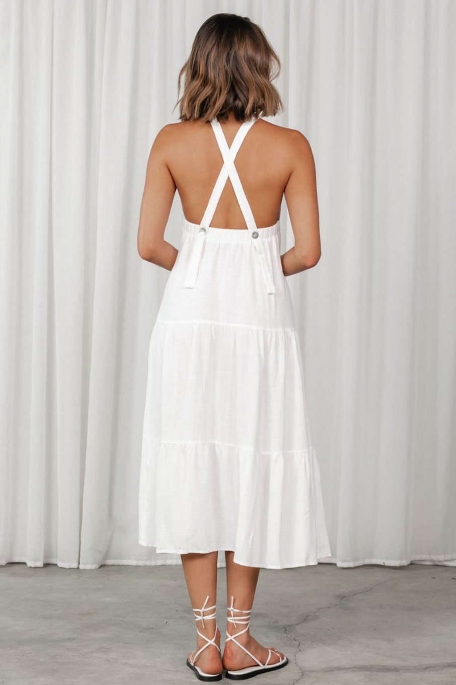 Women Styched Fashion | White Halter Neckline Cross Back Dress