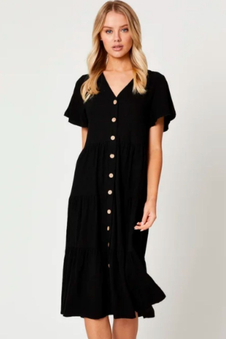 Women Styched Fashion | Tiered Button Down Skater Maxi Dress