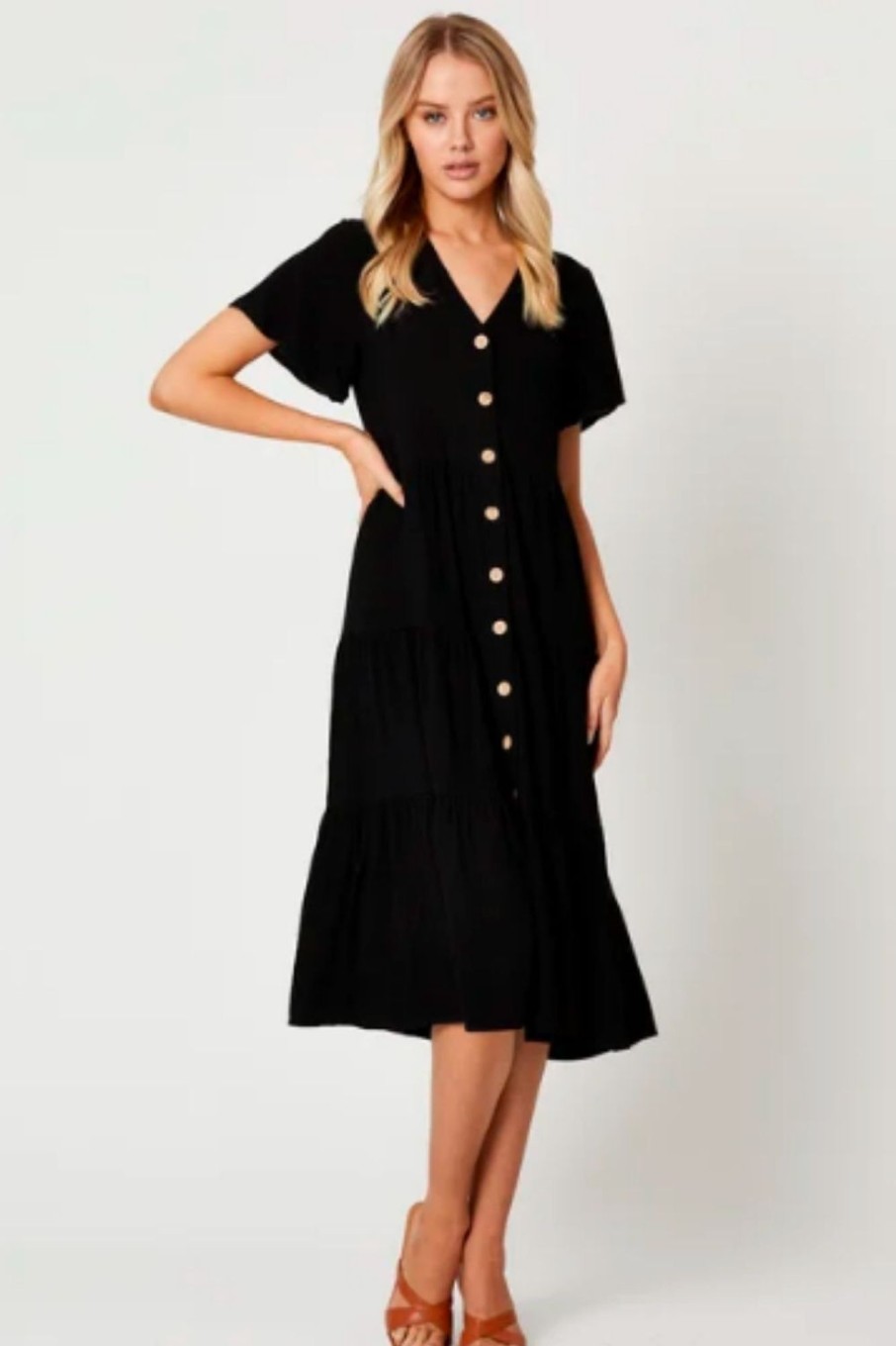 Women Styched Fashion | Tiered Button Down Skater Maxi Dress