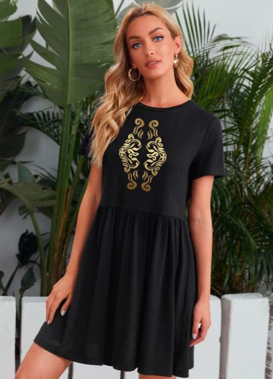 Women Styched Fashion | Black Yoke Printed Mini Dress