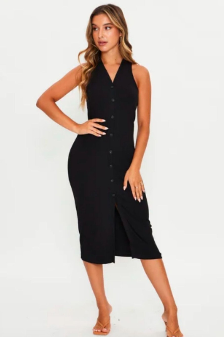 Women Styched Fashion | V Neck Button Down Midi Bodycon