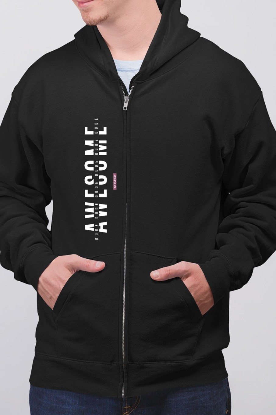 Men Styched Fashion | Awesome Dude - Full Zip Premium Hoodies Black No Threads