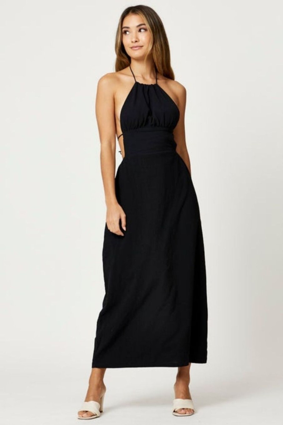 Women Styched Fashion | Backless Halter Neck Black Maxi Dress