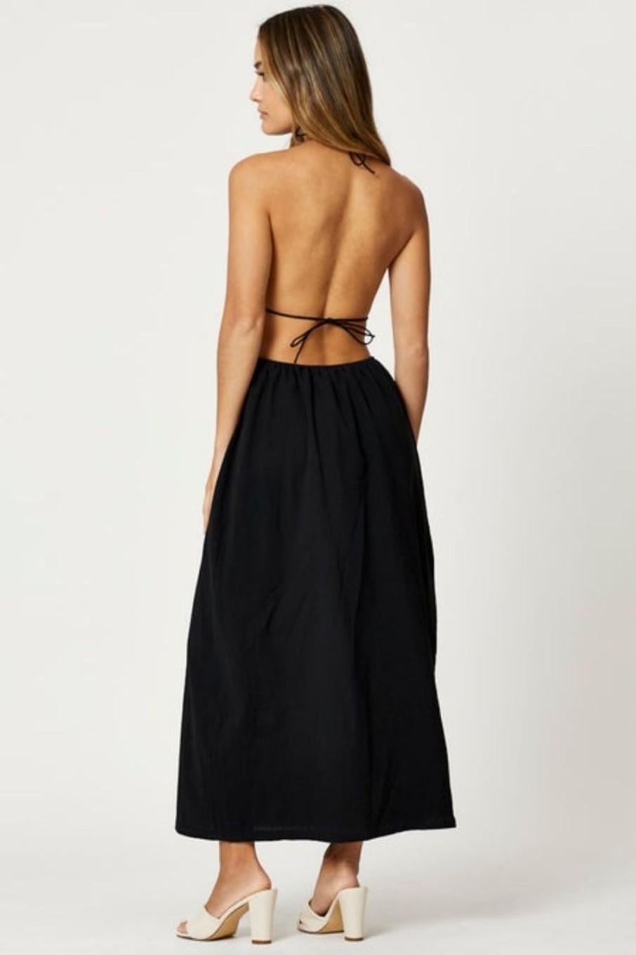 Women Styched Fashion | Backless Halter Neck Black Maxi Dress