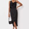 Women Styched Fashion | Black Asymmetric Drape Midi Dress