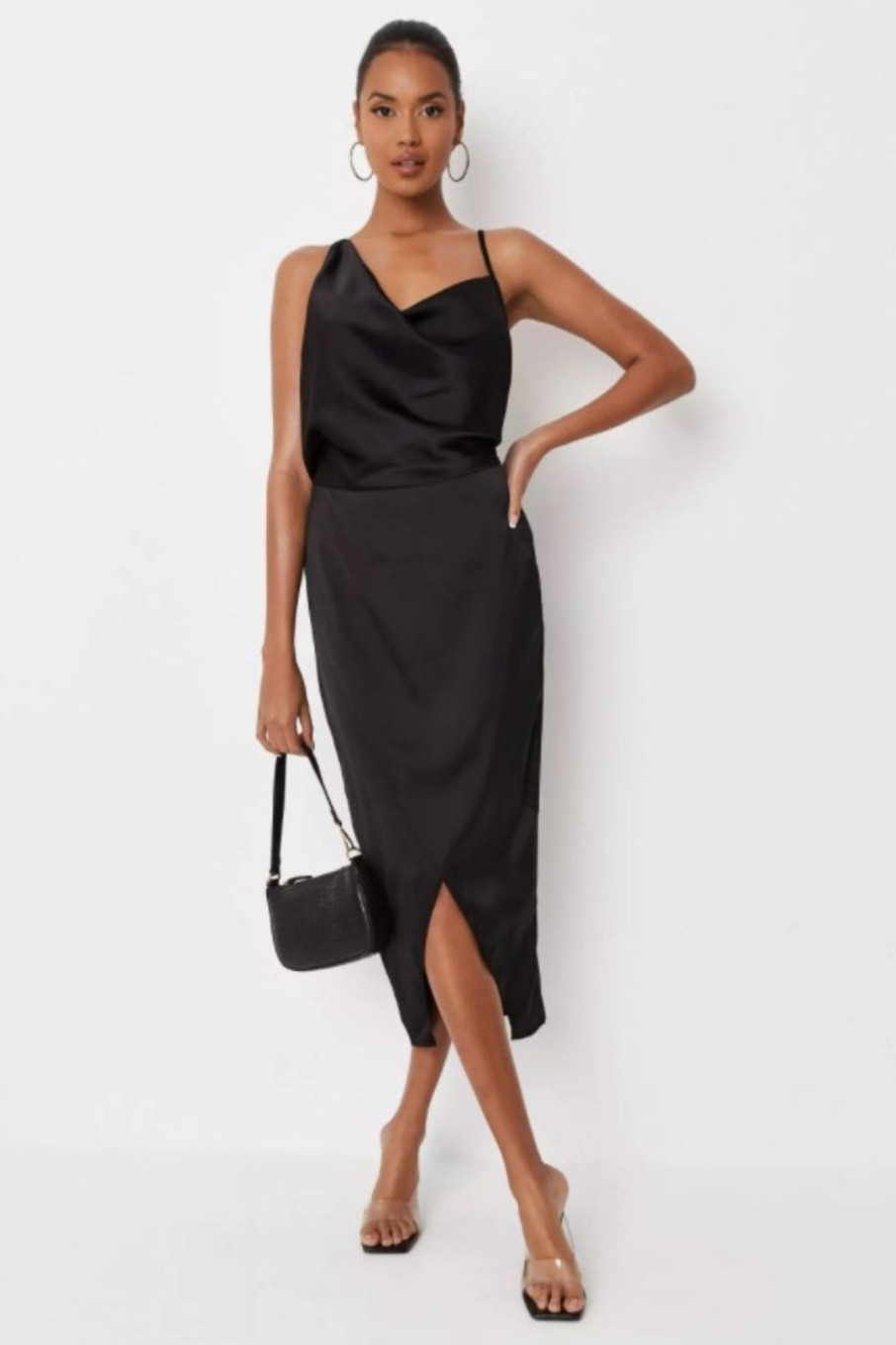 Women Styched Fashion | Black Asymmetric Drape Midi Dress