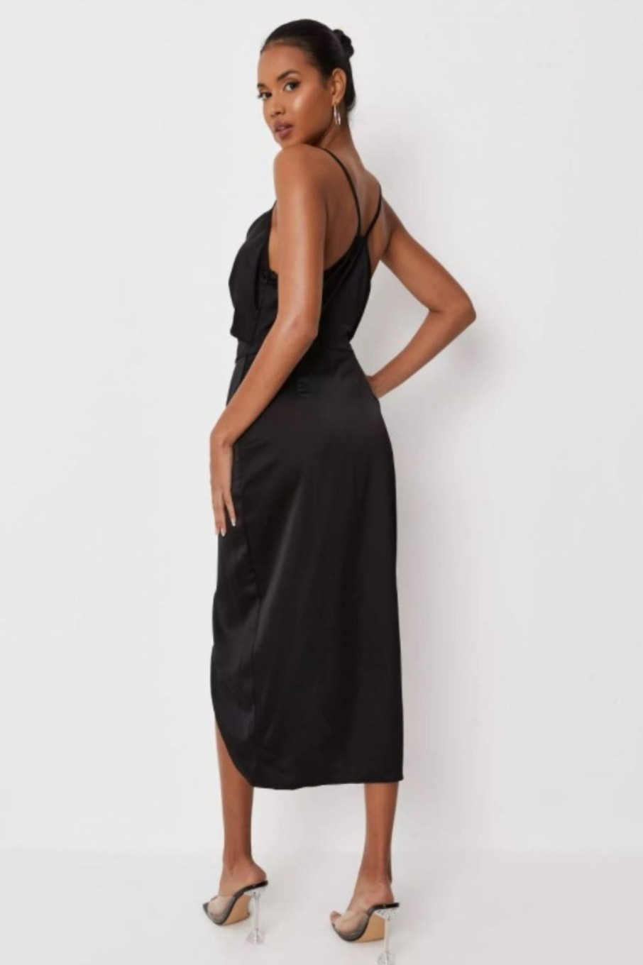 Women Styched Fashion | Black Asymmetric Drape Midi Dress