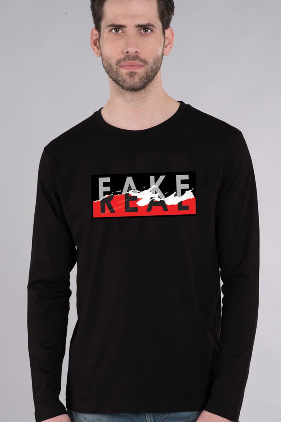 Men Styched Fashion | Fake Or Real - Torn Paper Effect Full Sleeves Black T-Shirt