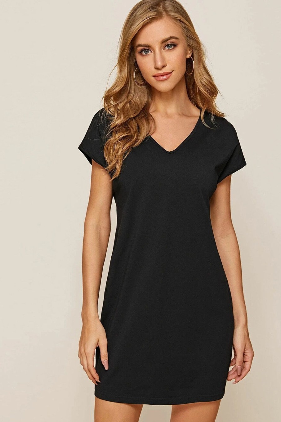 Women Styched Fashion | V Neck Solid Tee Dress