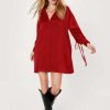 Women Styched Fashion | Petite Satin Ruched Sleeve Shirt Dress