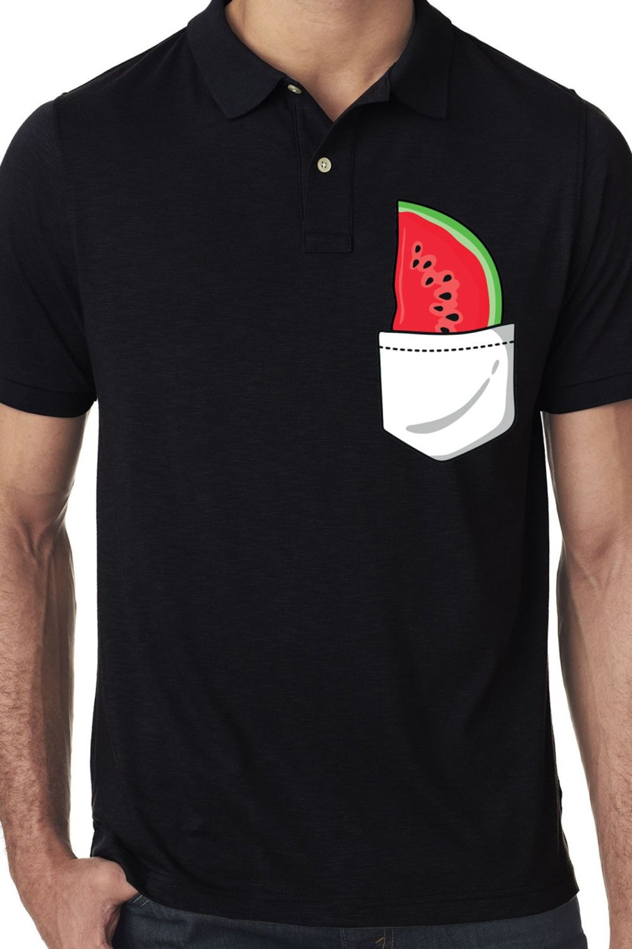 Men Styched Fashion | Premium Black Polo Tee With Watermelon Peeping Out Of Pocket Graphic