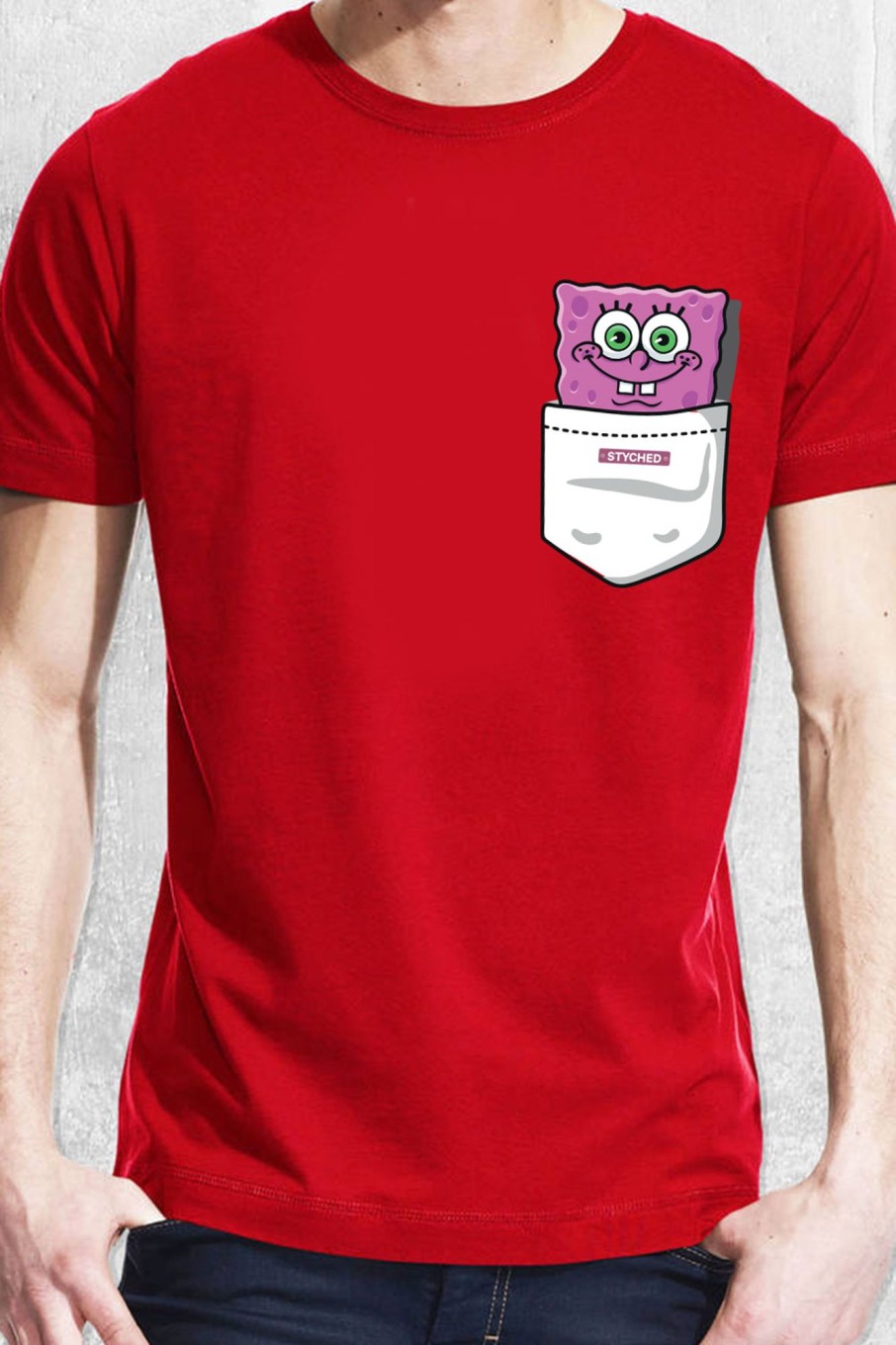 Men Styched Fashion | Spongebob Peeping Out Of The Pocket - Quirky Graphic T-Shirt Red Color