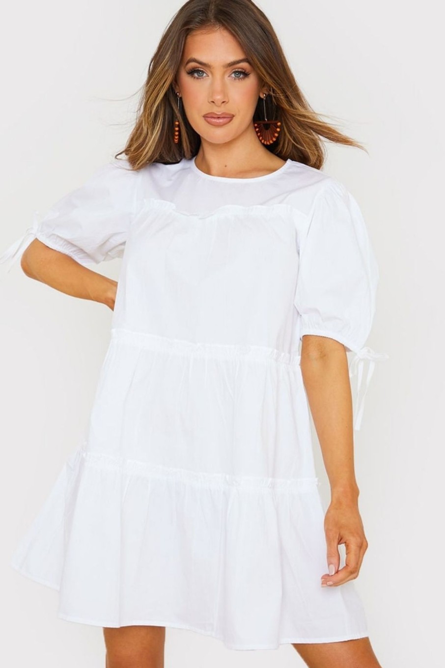 Women Styched Fashion | White Poplin Tiered Smock Dress