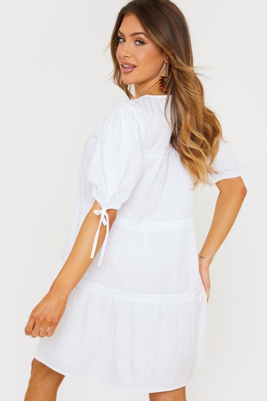 Women Styched Fashion | White Poplin Tiered Smock Dress