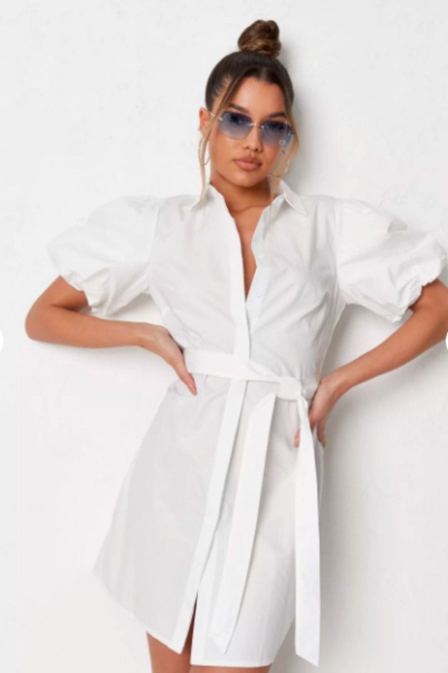 Women Styched Fashion | Balloon Sleeve Tie Waist Shirt Dress