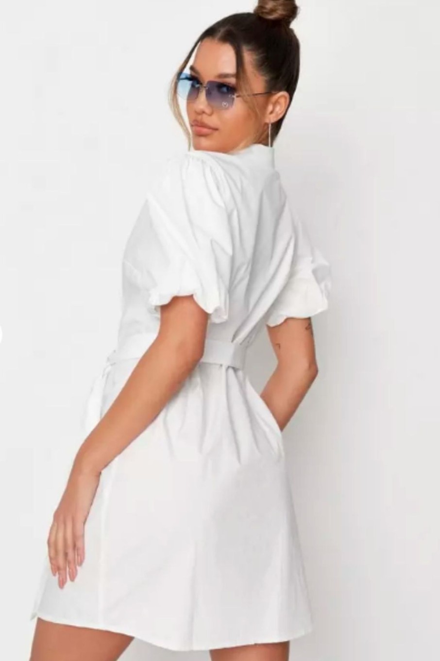 Women Styched Fashion | Balloon Sleeve Tie Waist Shirt Dress