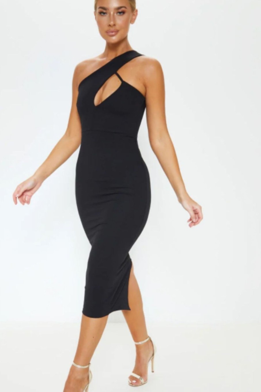 Women Styched Fashion | Asymmetrical Neck Line Black Midi Dress