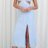 Women Styched Fashion | Blue Backless Short Sleeve Slit Dress