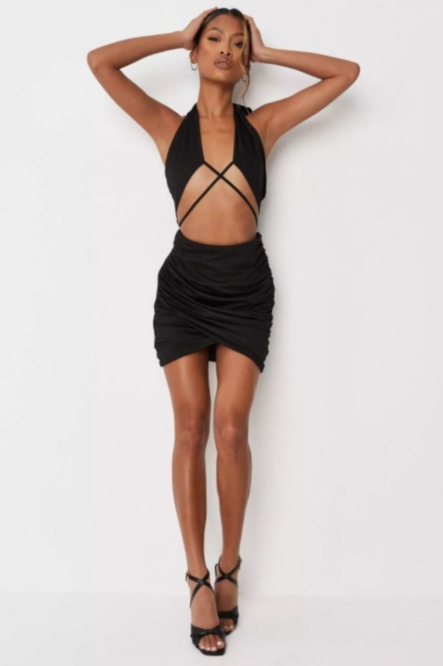 Women Styched Fashion | Petite Black Slinky Ruched Halterneck Dress