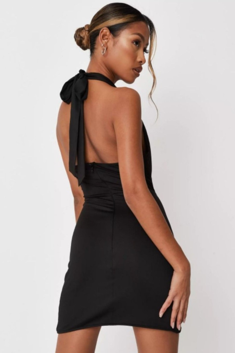 Women Styched Fashion | Petite Black Slinky Ruched Halterneck Dress